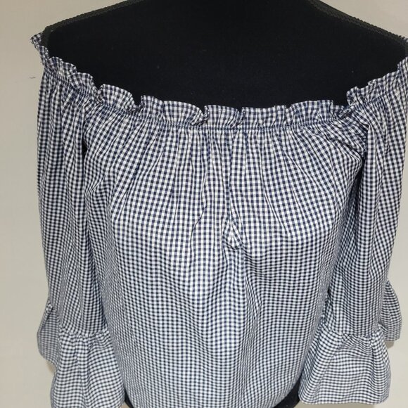 Atmosphere Off the Shoulder Ruffled Gingham Print Blouse Size 0 Blue and White - Picture 5 of 11